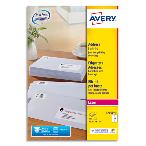 392997_d1-1.jpg AVERY Boîte de 210 étiquettes adresse/adresse Laser Blanche 99,1x38,1mm L7163-15 – Image 1