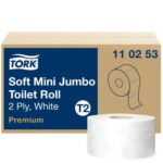 TORK Colis de 12 Bobines Papier toilette Mini Jumbo Premium doux 2 plis L170 m x D18 cm Blanc logo Bleu – Image 2
