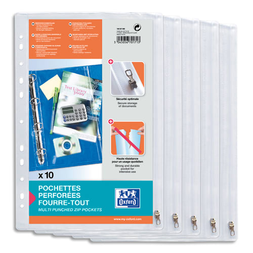 408447_d1.jpg OXFORD Sachet de 10 pochettes perforées à Zip en PVC transparent 14/100e. Format A4,perforation 11 trous. – Image 1