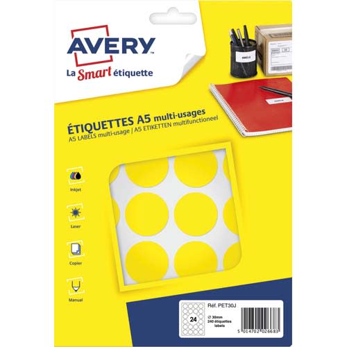 410370_d1.jpg AVERY Sachet de 240 pastilles Ø30 mm. Imprimables. Coloris Jaune. – Image 1