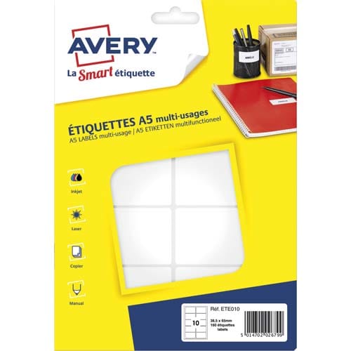 410440_d1.jpg AVERY Sachet de 160 étiquettes multi-usage Blanches 38,5 x 65 mm. Planche format A5. ETE010 – Image 1