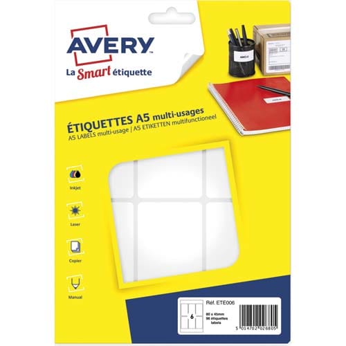 410442_d1.jpg AVERY Sachet de 96 étiquettes multi-usage Blanches 80 x 45 mm. Planche format A5. ETE006 – Image 1