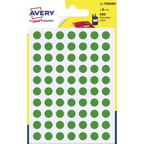 410490_d1.jpg AVERY Sachet de 490 pastilles Ø8 mm. Ecriture manuelle. Coloris Vert. – Image 1
