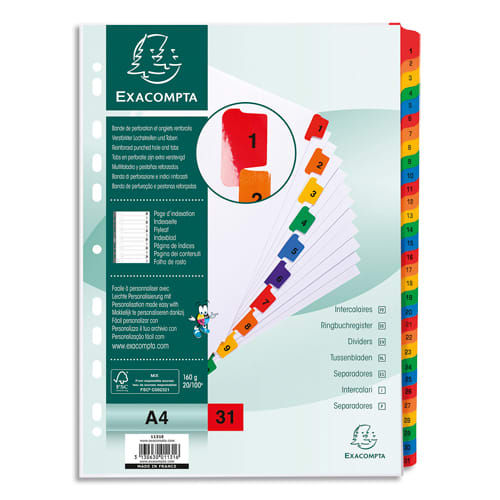 410867_d1.jpg EXACOMPTA Jeu d'intercalaire numérique 31 positions en carte Blanche 170g, onglets Mylar®. Format A4. – Image 1
