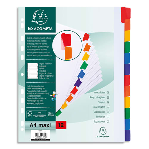 410907_d1.jpg EXACOMPTA Jeu d'intercalaire 12 positions en carte Blanche 170g, onglets Mylar®. Format A4+. – Image 1