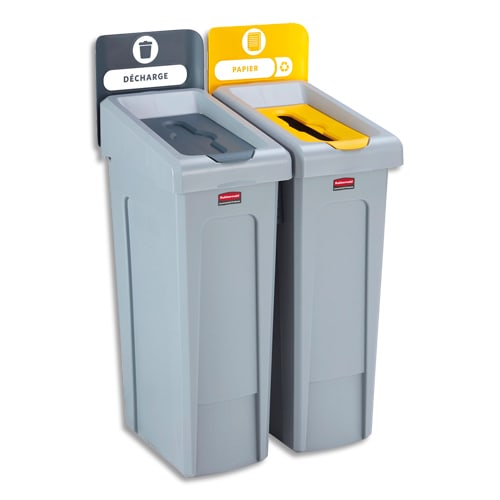 415855_d1-1.jpg RUBBERMAID Collecteurs Slim Jim, 2 bacs toit Gris Jaune : déchets courants et papier, capacité 2 x 87L – Image 1