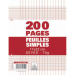 Sachet de 200 pages copies simples petit format 17x22 grands carreaux Seyès 70g perforées