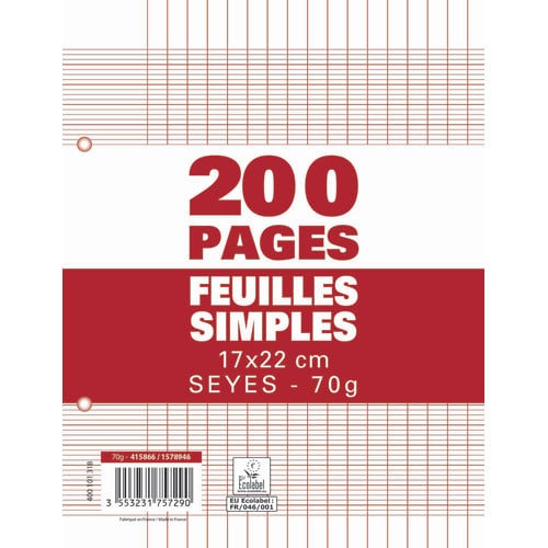 415866_d1-1.jpg Sachet de 200 pages copies simples petit format 17x22 grands carreaux Seyès 70g perforées – Image 1