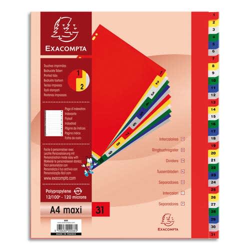 417262_d1.jpg EXACOMPTA Jeu d'intercalaires numériques en polypropylène. 31 touches multicolores. Format A4+. – Image 1