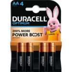 DURACELL Piles alcalines AA Optimum, 1,5V LR6 MX1500, lot de 4 piles