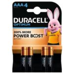 DURACELL Piles alcalines AAA Optimum, 1,5V LR03 MN2400, lot de 4 piles