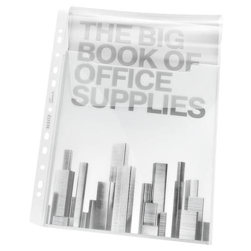 447244_d1.jpg LEITZ Sachet de 5 pochettes perforées à soufflet A4 en PVC 18/100eme lisse avec rabat.Coloris transparent – Image 1