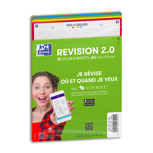 449430_d1.jpg OXFORD Sachet de 32 fiches BRISTOL REVISION OXFORD 2.0 perforées A5 250g 5x5 Assortis – Image 1
