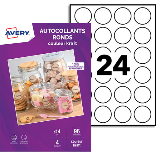 449497_d1-1.jpg AVERY Sachet de 96 autocollants ronds kraft brun. Diamètre 4cm. Impression jet d'encre & laser – Image 1