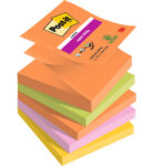 POST-IT® Z-notes Super Sticky Boost 76x76mm. Lot de 5 blocs de 90 F. Ass : orange/vert/bleu/rose/jaune.