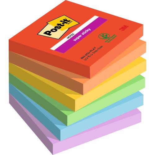 450405_d1-1.jpg POST-IT® Notes Super Sticky Playful 76x76 mm. 6 blocs, 90F. Ass : rouge/orange/jaune/vert/bleu/violet. – Image 1