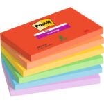 POST-IT® Notes Super Sticky Playful 76 x 127 mm. 6 blocs, 90F. Ass : rouge/orange/jaune/vert/bleu/violet.