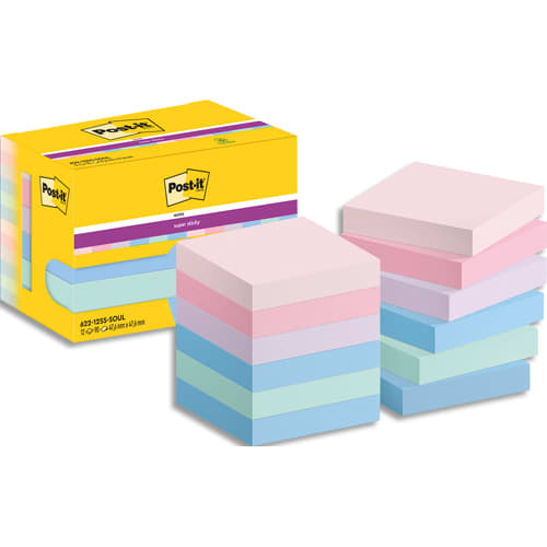 450411_d1-1.jpg POST-IT® Notes Super Sticky Soulful 47.6 x 47.6 mm. Lot de 12 blocs de 90 F. Ass : rose, bleu et vert. – Image 1