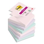 POST-IT® Z-Notes Super Sticky Soulful. 76 x 76 mm.Lot de 6 blocs de 90 F. Ass : rose, bleu et vert.