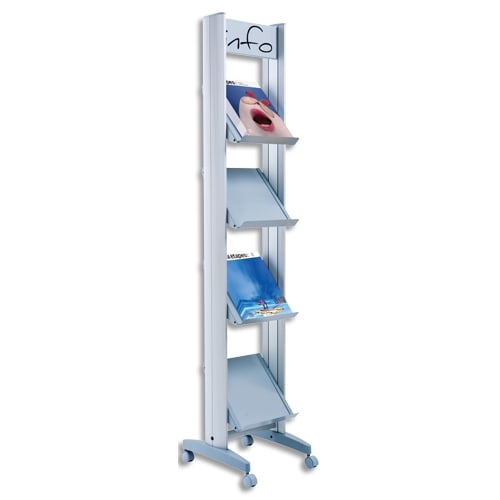 458908_d1.jpg PAPERFLOW Présentoir mobile en alu, 4 tablettes métal pour 4 documents A4+. Dim. L33 x H167,8 x P38,5 cm – Image 1