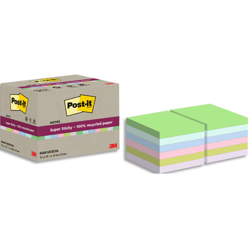 459323_d1-1.jpg POST-IT Lot de 12 blocs notes Super Sticky Recyclées 76x76 mm. Couleurs assortis. – Image 1