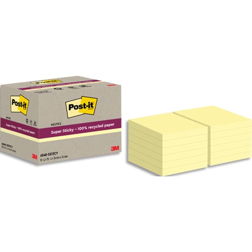 459326_d1-1.jpg POST-IT Lot de 12 blocs notes Super Sticky Recyclées 76x76 mm. Jaune Pastel. – Image 1