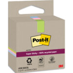 POST-IT Lot de 3 blocs notes Super Sticky Recyclées 47,6x47,6 mm. Couleurs assortis.