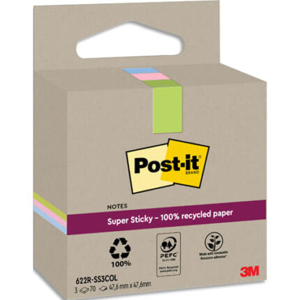 POST-IT Lot de 3 blocs notes Super Sticky Recyclées 47,6x47,6 mm. Couleurs assortis.