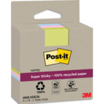 POST-IT Lot de 3 blocs notes Super Sticky Recyclées 76x76 mm. Couleurs assortis.