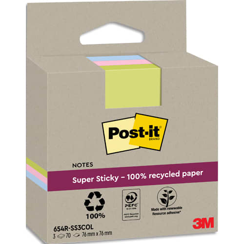 459330_d1-1.jpg POST-IT Lot de 3 blocs notes Super Sticky Recyclées 76x76 mm. Couleurs assortis. – Image 1
