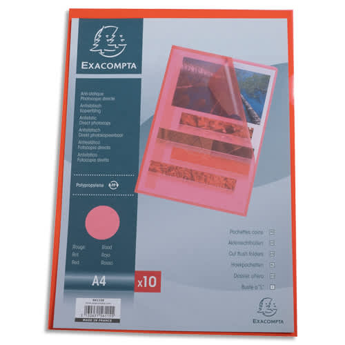 465180_d1.jpg EXACOMPTA Sachet 10 pochettes coins polypropylène grainé 12/100e. Coloris Rouge – Image 1