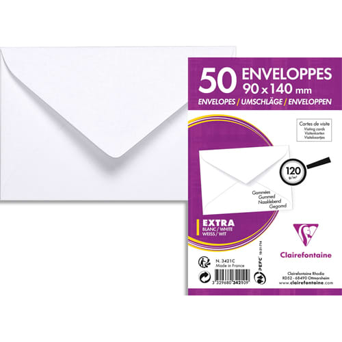 467001_d1.jpg CLAIREFONTAINE Paquet 50 enveloppes blanches 120g 90x140mm gommées – Image 1