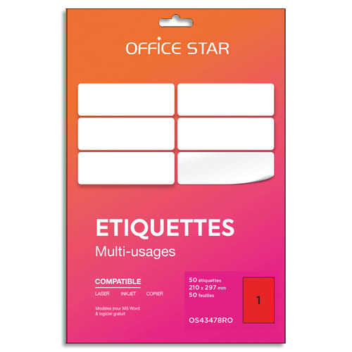 468160_d1-1.jpg OFFICE STAR Boîte 50 étiquettes adhésives multiusage format A4 210x297mm. Planche A4. Coloris rouge – Image 1