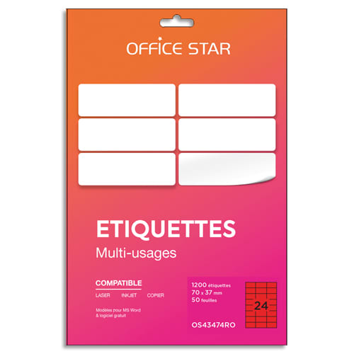 468163_d1-1.jpg OFFICE STAR Boîte 1200 étiquettes adhésives multiusage format 70x37mm. Planche A4. Coloris rouge – Image 1