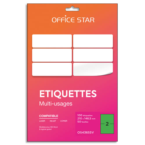 468173_d1-1.jpg OFFICE STAR Boîte 100 étiquettes adhésives multiusage format A5 210x148mm. Planche A4. Coloris vert – Image 1