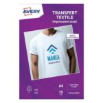 AVERY Boîte de 15 feuilles transferts pour textiles blancs ou clairs, Laser
