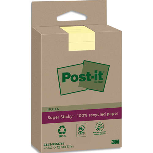 469063_d1-1.jpg POST-IT Lot de 4 blocs repositionnable Super Sticky 100% recyclé. 45 feuilles lignées de 102x152mm.Jaune – Image 1