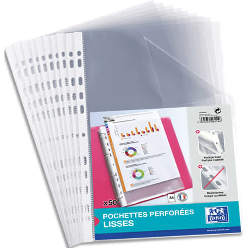 471389_d1.jpg OXFORD Sachet de 50 Pochettes perforées A4 Incolore Oxford Polypro 5/100e lisse – Image 1