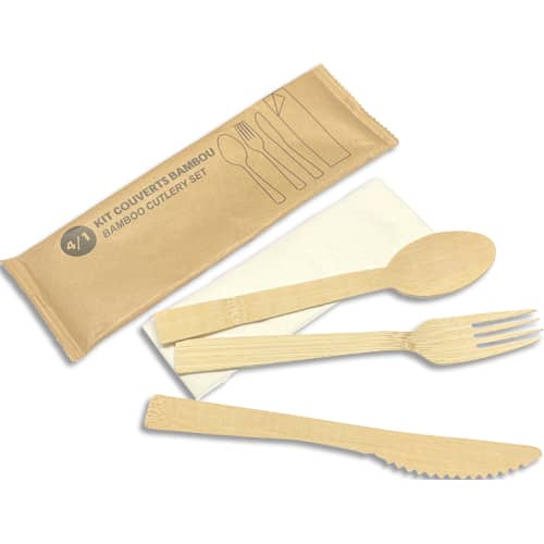 480529_d1-1.jpg Sachet 100 Kits couvert bois 4 en 1 (Fourchette, Couteau, Cuillère, Serviette) 4100KIT – Image 1