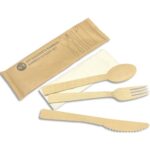 Sachet 100 Kits couvert bambou 4 en 1 (Fourchette, Couteau, Cuillère, Serviette) 4100KITB