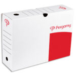 PERGAMY Boîte archive dos 10 cm. Montage manuel. Kraft ondulé. Blanc imprimé rouge
