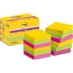 POST-IT Lot de 12 blocs Super Sticky CARNIVAL 90F 47,6x47,6mm, coloris Jaune néon, Vert néon, Fuchsia