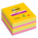 POST-IT Lot de 6 blocs 90F Super Sticky CARNIVAL lignées 101x101 mm, Jaune néon, Fuchsia, méditerranée