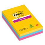 POST-IT Lot de 3 blocs 90F Super Sticky CARNIVAL lignées 101x152 mm, Jaune néon, Fuchsia, méditerranée