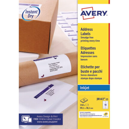 AVERY Boîte de 350 étiquettes adresses Jet d'encre 99,1x38,1mm Blanches J8163-25