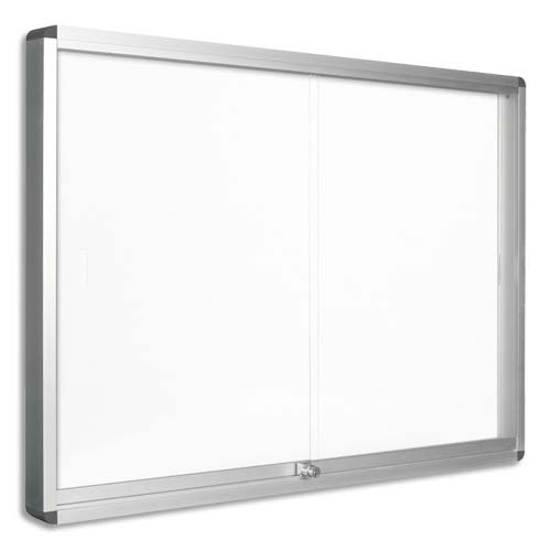 900717_d1.jpg PERGAMY Vitrine d'intérieur fond magnétique laqué Blanc, portes coulissantes, cadre alu - 12 feuilles A4 – Image 1