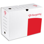 PERGAMY Boîte archive dos 20 cm. Montage manuel. Kraft ondulé. Blanc imprimé rouge