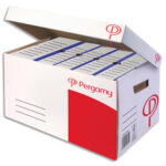 PERGAMY Conteneur ouverture dessus, couvercle attenant. Montage auto. Kraft ondulé. Blanc imprimé rouge.