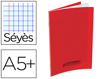 Cahier conquérant polypropylène a5+ 17x22cm 140 pages 90g séyès coloris rouge
