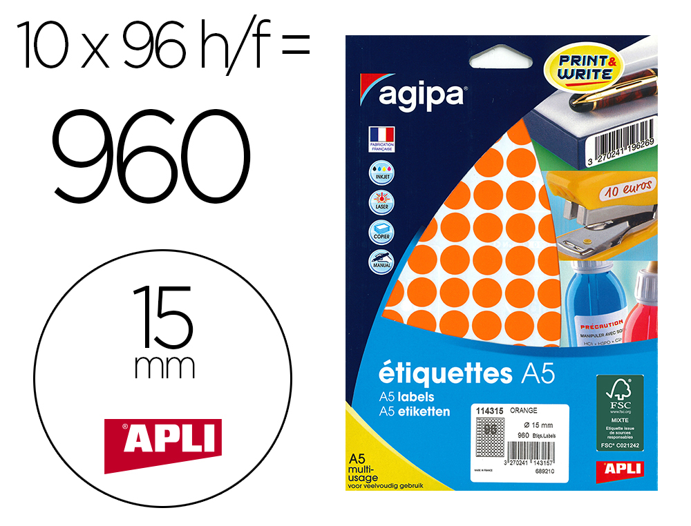 Etiquette apli agipa couleur multi-usage a5 diam.15 mm coins arrondis etiq/poch 960 etiq/f 96 coloris orange
